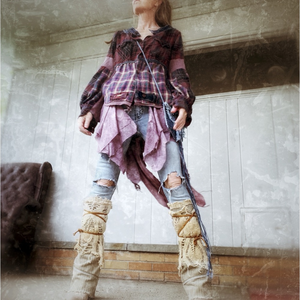OOAK Up cycled patchwork boho cowgirl flannel plaid top S/M country chic